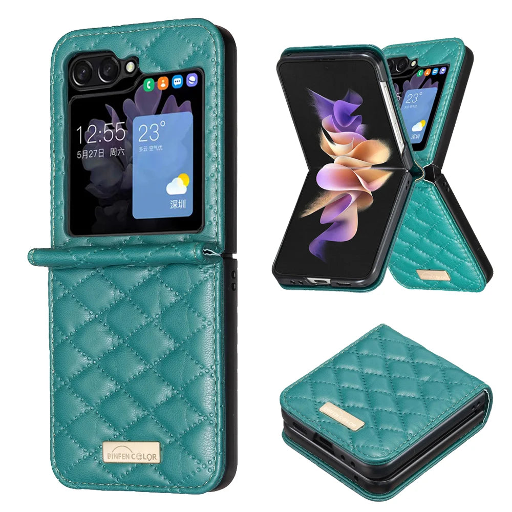 BINFEN COLOR For Samsung Galaxy Z Flip7 5G Case  Rhombus PU Leather Folding Phone Cover - Green - 2