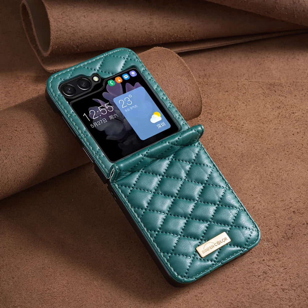 BINFEN COLOR For Samsung Galaxy Z Flip7 5G Case  Rhombus PU Leather Folding Phone Cover - Green - 6