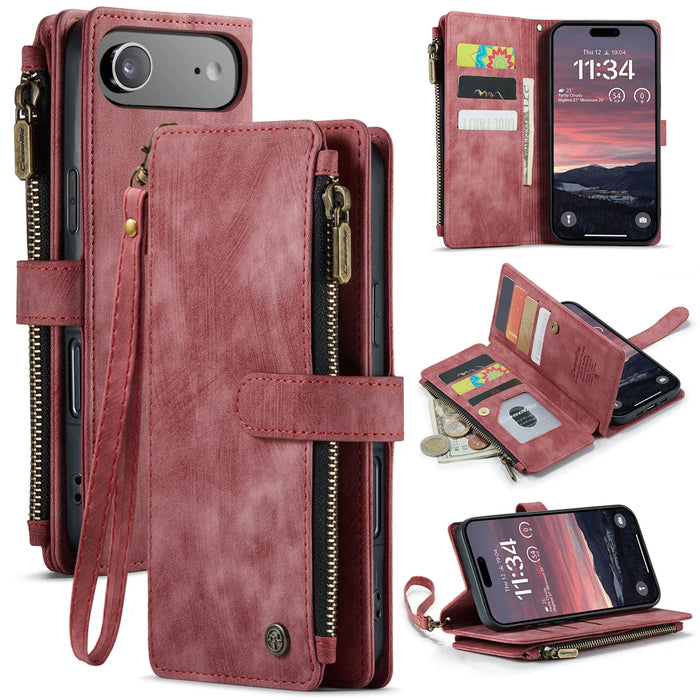 CASEME For iPhone Air Phone Cases with Strap  C30 Zipper Multiple Card Holder PU Leather Cover - Red - 1