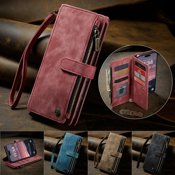 CASEME For iPhone Air Phone Cases with Strap  C30 Zipper Multiple Card Holder PU Leather Cover - Red - 4