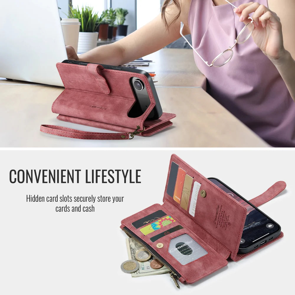 CASEME For iPhone Air Phone Cases with Strap  C30 Zipper Multiple Card Holder PU Leather Cover - Red - 5