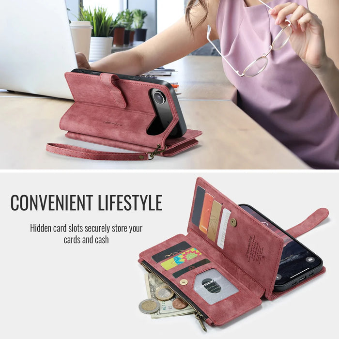 CASEME For iPhone Air Phone Cases with Strap  C30 Zipper Multiple Card Holder PU Leather Cover - Red - 5