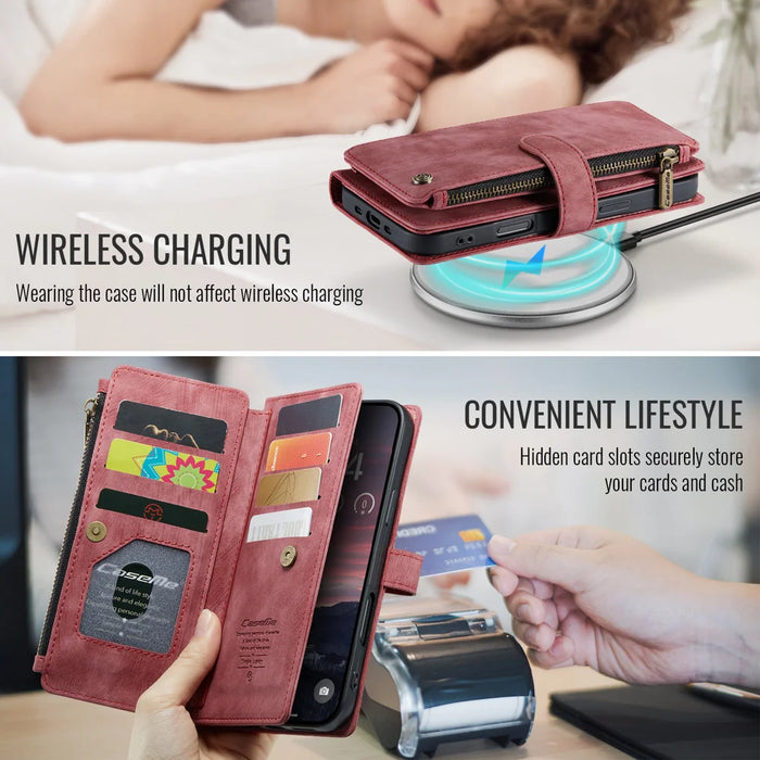 CASEME For iPhone Air Phone Cases with Strap  C30 Zipper Multiple Card Holder PU Leather Cover - Red - 7