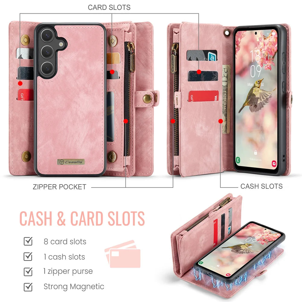 CASEME For Samsung Galaxy S25 FE Phone Cases  008 Leather Cover with Detachable Wallet and Strap - Pink - 3