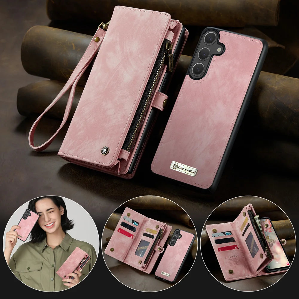 CASEME For Samsung Galaxy S25 FE Phone Cases  008 Leather Cover with Detachable Wallet and Strap - Pink - 4