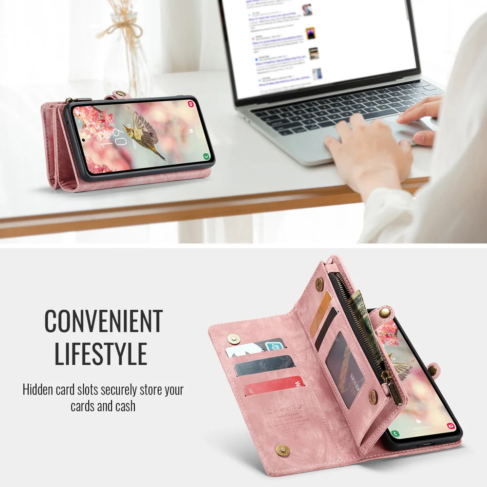CASEME For Samsung Galaxy S25 FE Phone Cases  008 Leather Cover with Detachable Wallet and Strap - Pink - 5