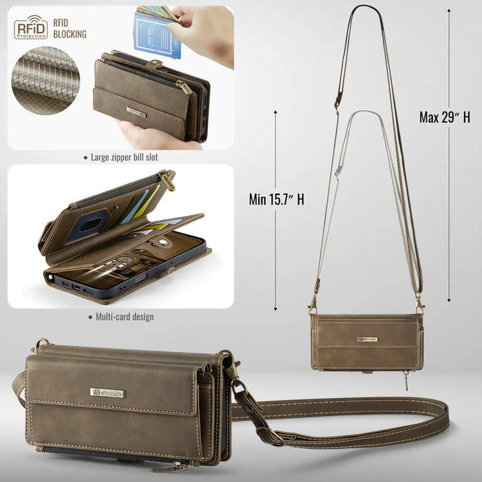 CASEME For iPhone 18 Pro Max / 17 Pro Max Case  C39 RFID Blocking Zipper Wallet Stand Leather Cover with Strap - Brown - 6