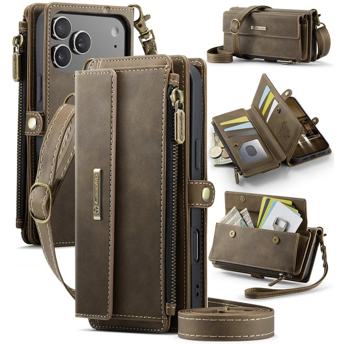 CASEME For iPhone 18 Pro / 17 Pro Case  C39 RFID Blocking Zipper Wallet Stand Leather Cover with Strap - Brown - 1