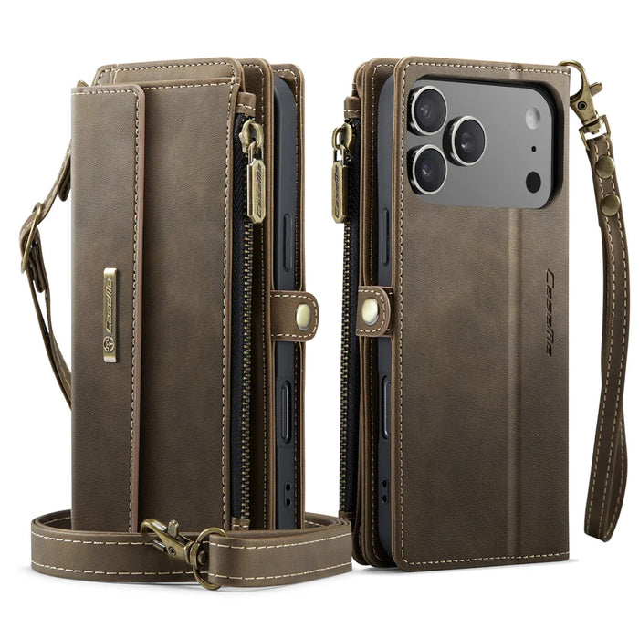 CASEME For iPhone 18 Pro / 17 Pro Case  C39 RFID Blocking Zipper Wallet Stand Leather Cover with Strap - Brown - 2