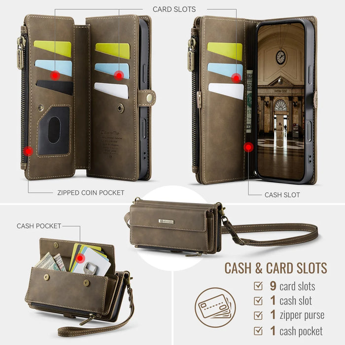 CASEME For iPhone 18 Pro / 17 Pro Case  C39 RFID Blocking Zipper Wallet Stand Leather Cover with Strap - Brown - 3