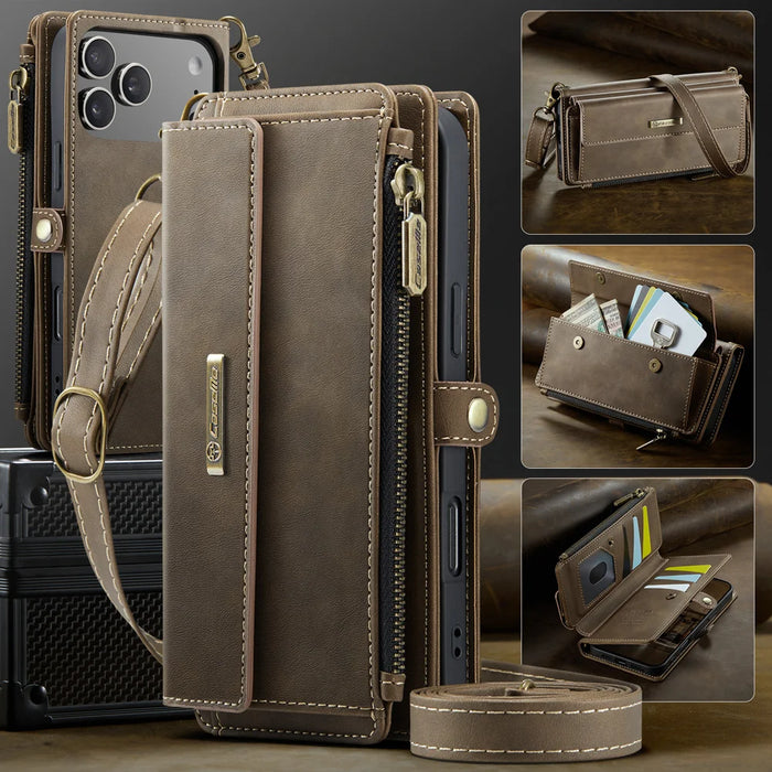 CASEME For iPhone 18 Pro / 17 Pro Case  C39 RFID Blocking Zipper Wallet Stand Leather Cover with Strap - Brown - 5