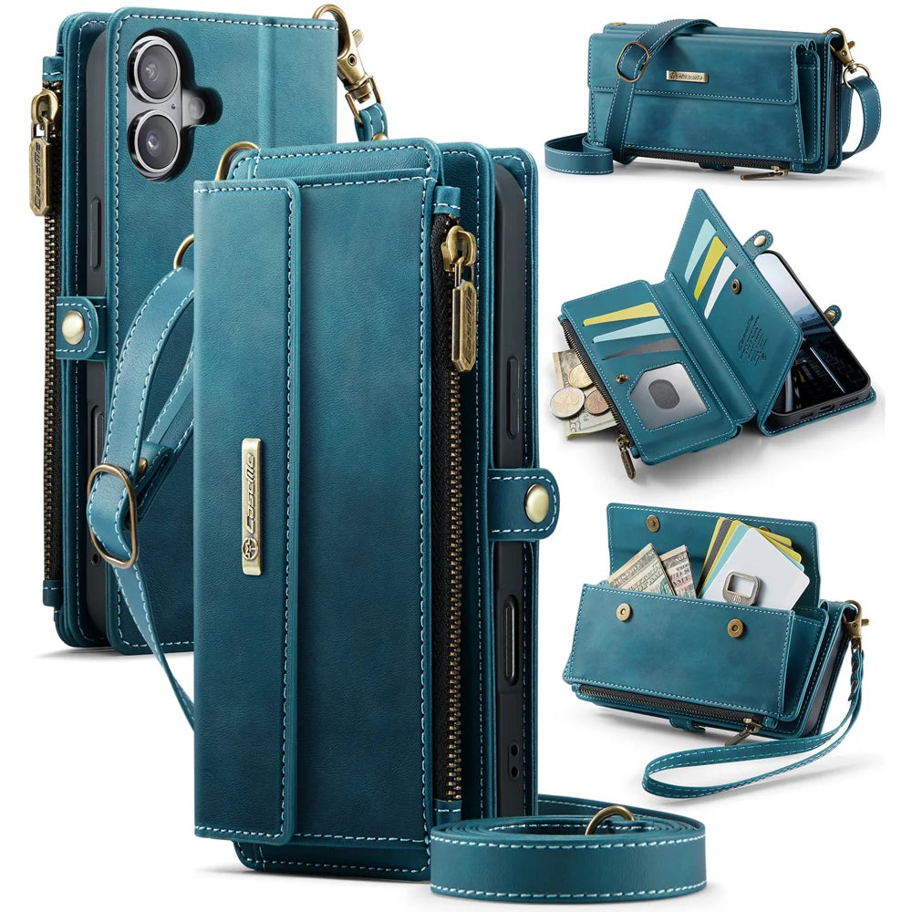 CASEME For iPhone 17 Case  C39 RFID Blocking Zipper Wallet Stand Leather Cover with Strap - Green - 1