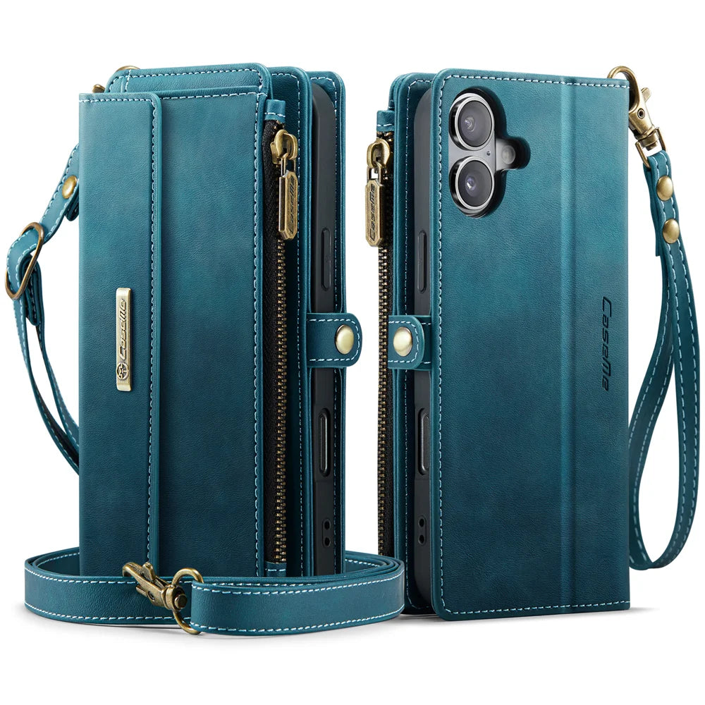 CASEME For iPhone 17 Case  C39 RFID Blocking Zipper Wallet Stand Leather Cover with Strap - Green - 2