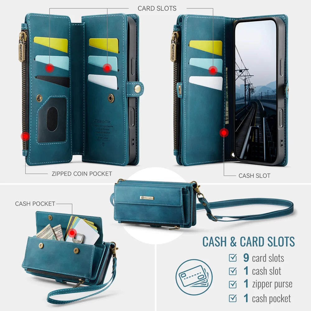 CASEME For iPhone 17 Case  C39 RFID Blocking Zipper Wallet Stand Leather Cover with Strap - Green - 3