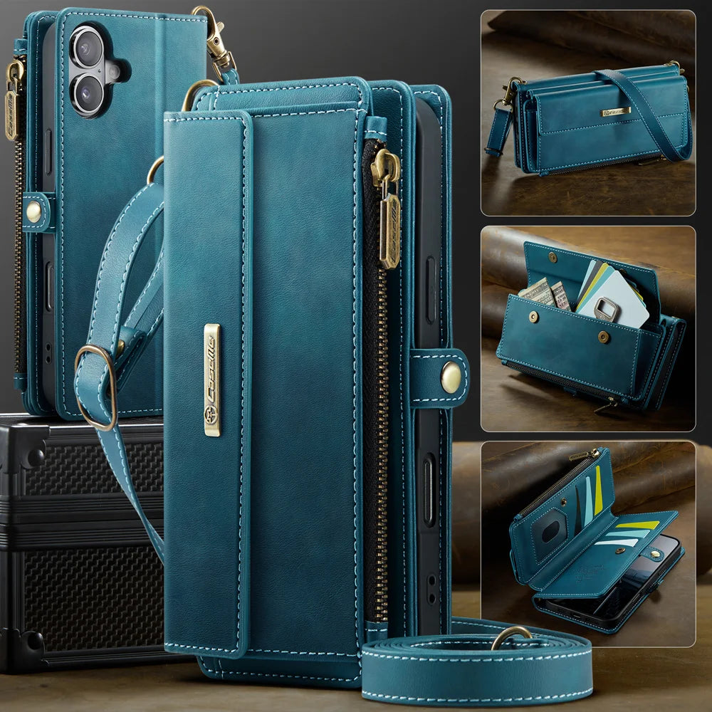CASEME For iPhone 17 Case  C39 RFID Blocking Zipper Wallet Stand Leather Cover with Strap - Green - 5