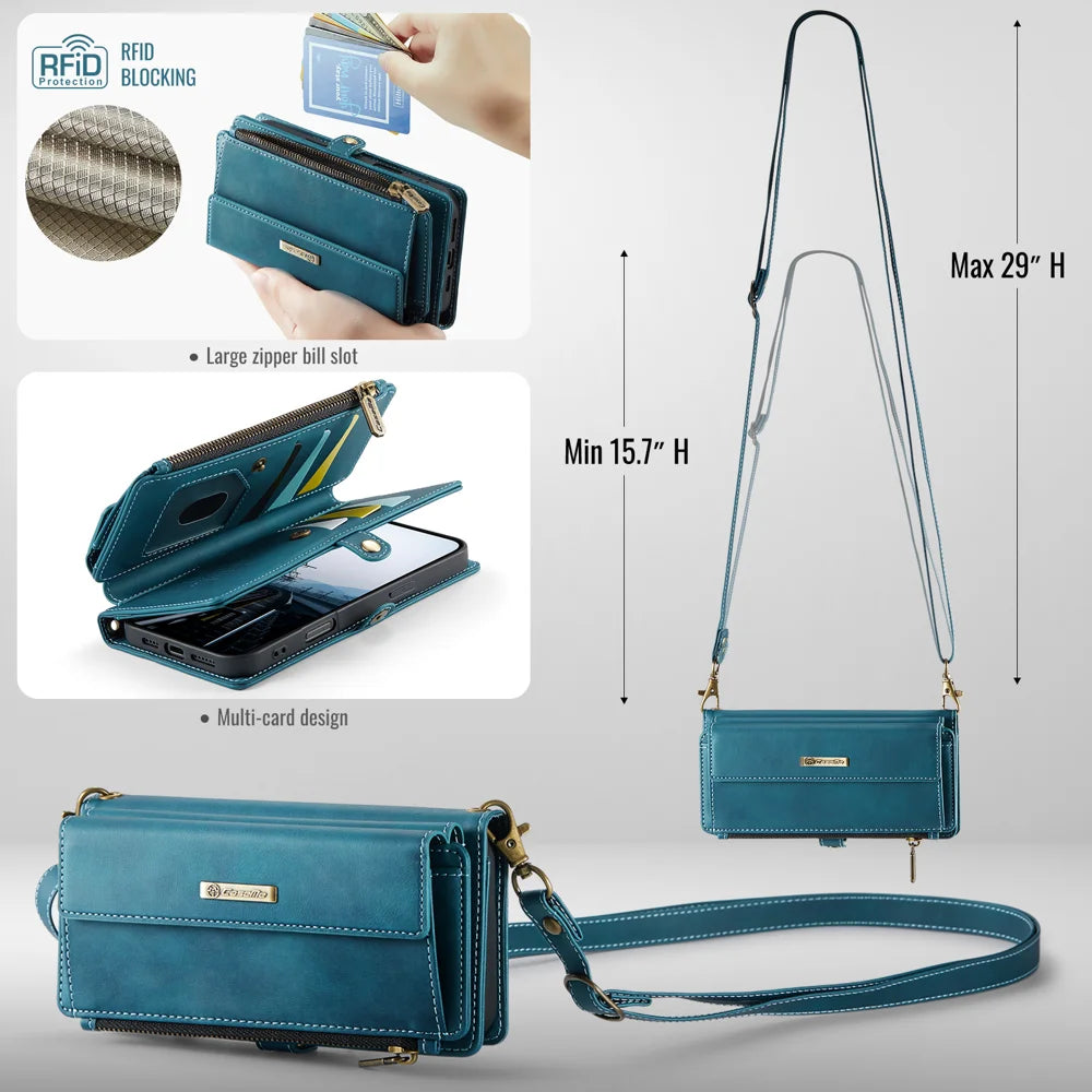 CASEME For iPhone 17 Case  C39 RFID Blocking Zipper Wallet Stand Leather Cover with Strap - Green - 6