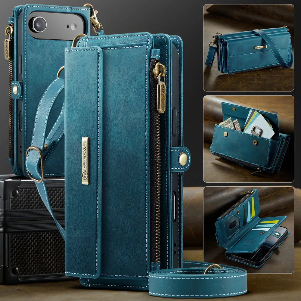 CASEME For iPhone Air Case  C39 RFID Blocking Zipper Wallet Stand Leather Cover with Strap - Green - 5