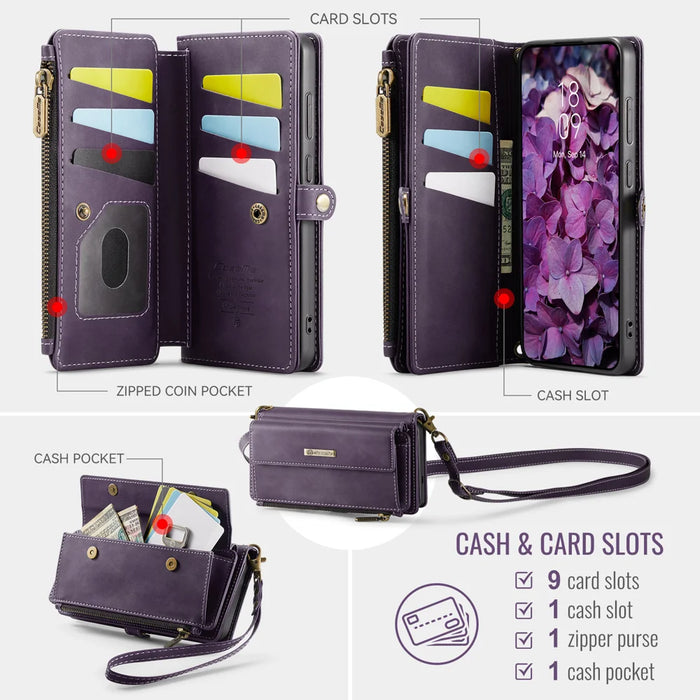 CASEME For Samsung Galaxy S25 FE Case  C39 RFID Blocking Zipper Wallet Stand Leather Cover with Strap - Purple - 3