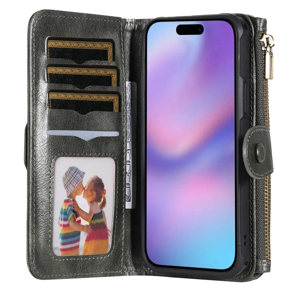 For iPhone Air Phone Case PU Leather Zipper Wallet Detachable Cover - Green - 2
