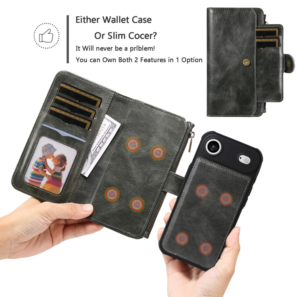 For iPhone Air Phone Case PU Leather Zipper Wallet Detachable Cover - Green - 6