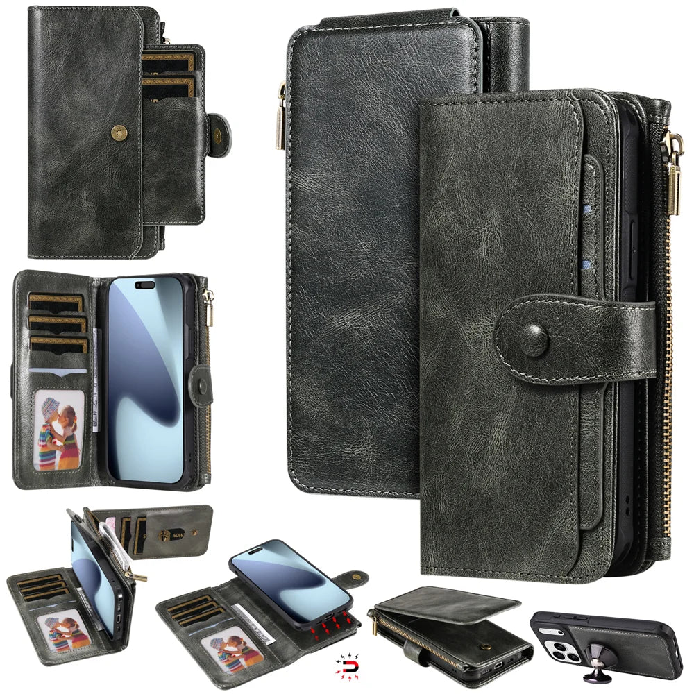 For iPhone 18 Pro / 17 Pro Phone Case PU Leather Zipper Wallet Detachable Cover - Green - 1