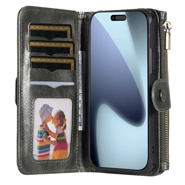 For iPhone 18 Pro / 17 Pro Phone Case PU Leather Zipper Wallet Detachable Cover - Green - 2