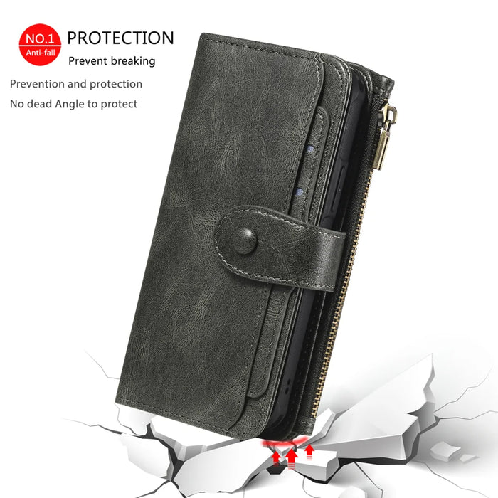 For iPhone 18 Pro / 17 Pro Phone Case PU Leather Zipper Wallet Detachable Cover - Green - 6