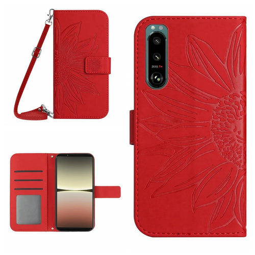 Anti-scratch Phone Cover For Sony Xperia 5 IV 5G, HT04 Imprinted Sunflower PU Leather Wallet Stand Skin-touch Phone Case with Shoulder Strap - Red - 1