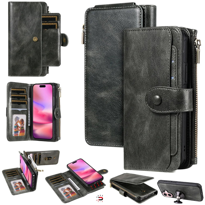 For iPhone 17 Phone Case PU Leather Zipper Wallet Detachable Cover - Green - 1