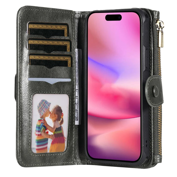 For iPhone 17 Phone Case PU Leather Zipper Wallet Detachable Cover - Green - 2