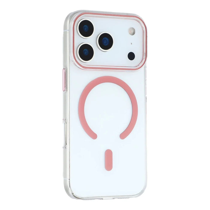 For iPhone 18 Pro / 17 Pro Magnetic Case Clear PC Phone Back Cover with Metal Buttons - Pink - 1