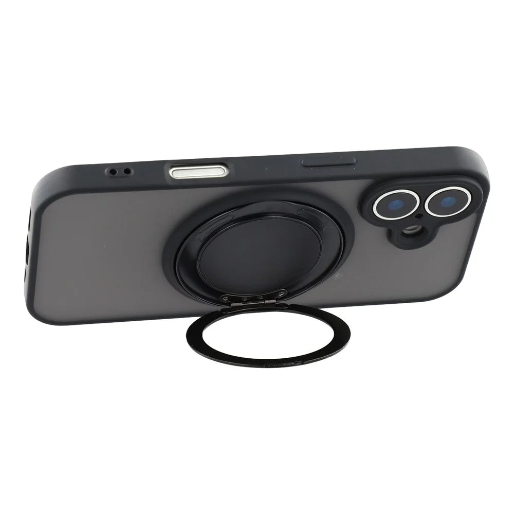 For iPhone 17 Case Rotating Metal Kickstand Skin Touch TPU PC Phone Back Cover - Black - 4