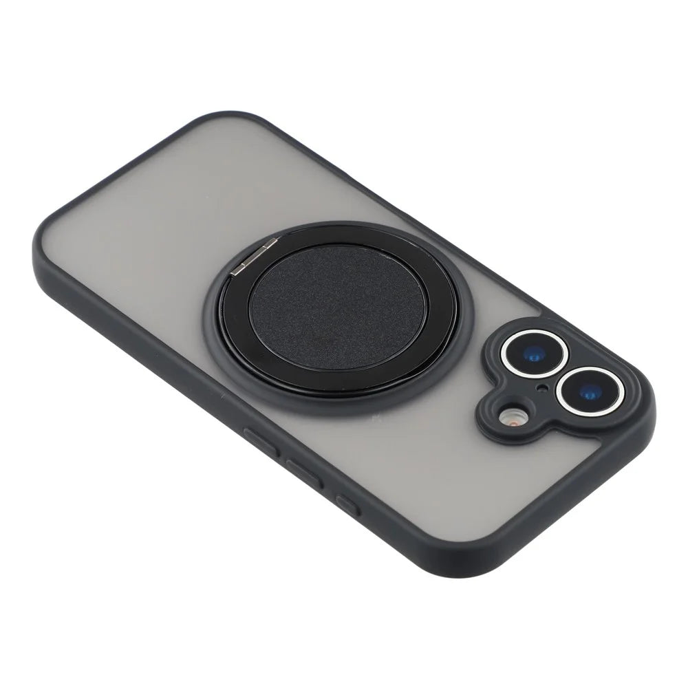 For iPhone 17 Case Rotating Metal Kickstand Skin Touch TPU PC Phone Back Cover - Black - 6
