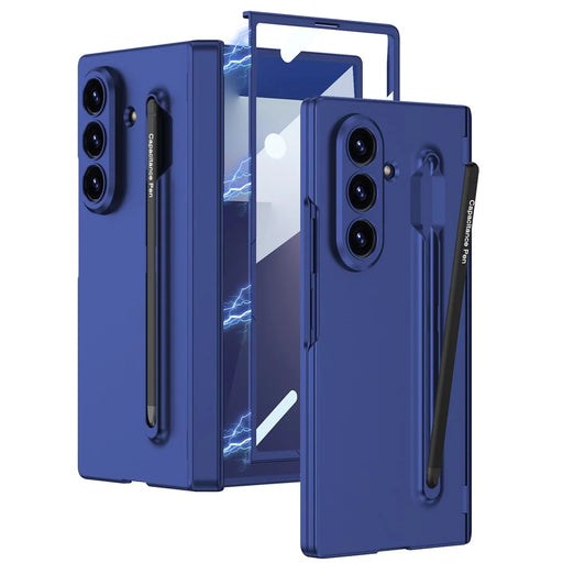 GKK For Samsung Galaxy Z Fold7 5G Case with Stylus Magnetic Hinge Protection PC + Tempered Glass Phone Cover - Black+Dark Blue - 1