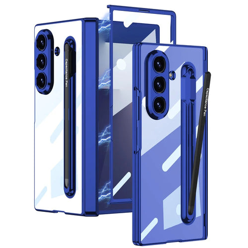 GKK For Samsung Galaxy Z Fold7 5G Case with Stylus PC + Tempered Glass Clear Phone Cover Hinge Protection - Black+Dark Blue - 1