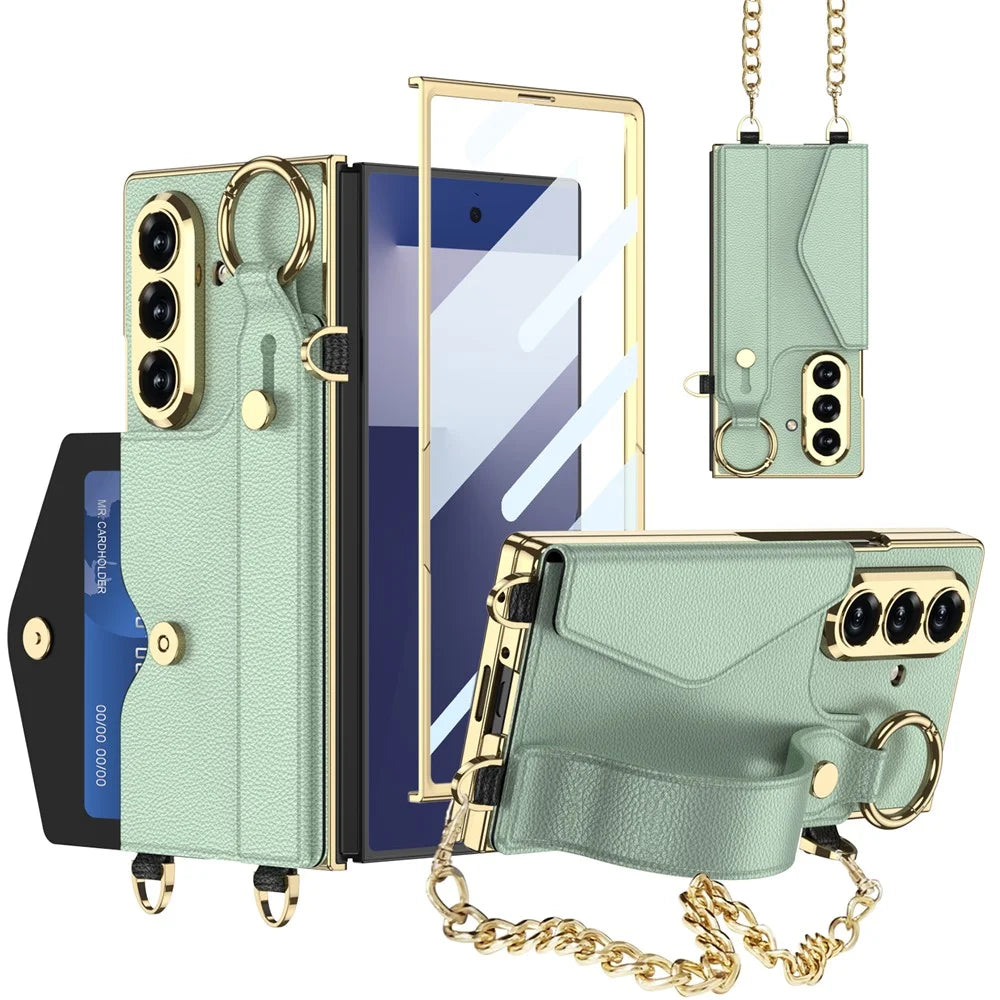 GKK For Samsung Galaxy Z Fold7 5G Case with PU Strap Kickstand / Metal Chain / Screen Film Electroplated PC Phone Cover  - Matcha Green - 1
