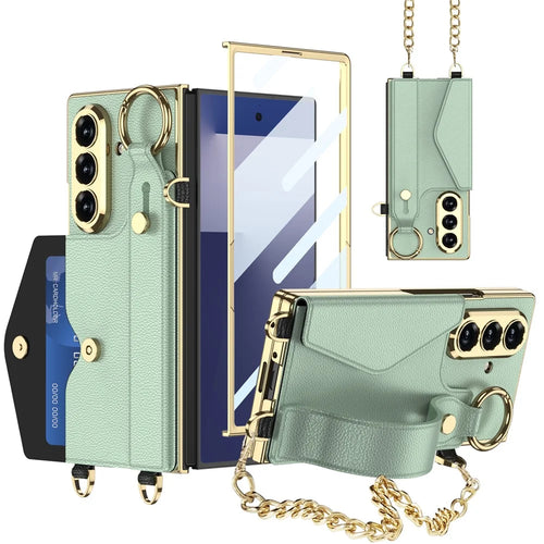 GKK For Samsung Galaxy Z Fold7 5G Case with PU Strap Kickstand / Metal Chain / Screen Film Electroplated PC Phone Cover  - Matcha Green - 1