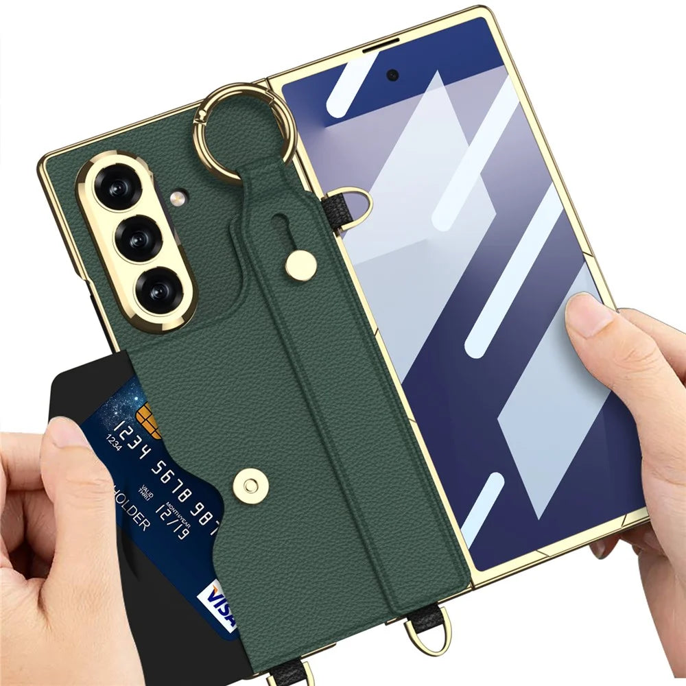 GKK For Samsung Galaxy Z Fold7 5G Case with PU Strap Kickstand / Metal Chain / Screen Film Electroplated PC Phone Cover  - Matcha Green - 2