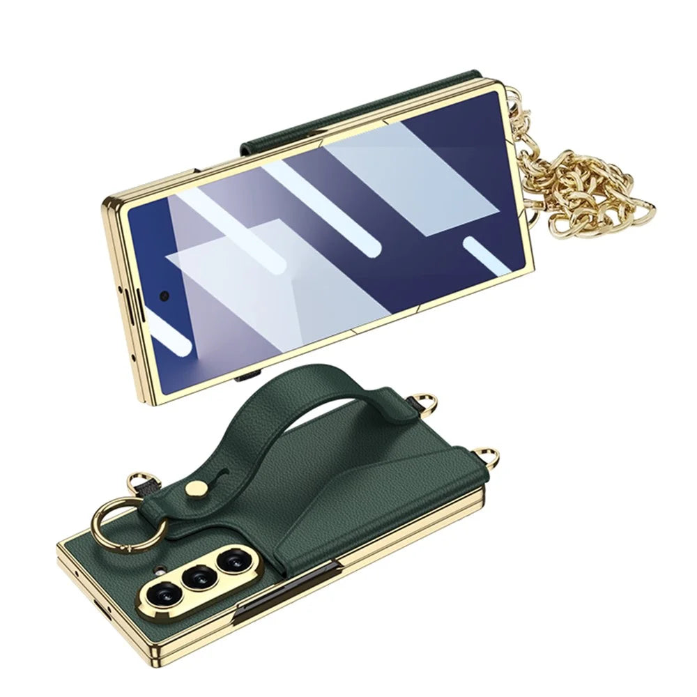GKK For Samsung Galaxy Z Fold7 5G Case with PU Strap Kickstand / Metal Chain / Screen Film Electroplated PC Phone Cover  - Matcha Green - 3