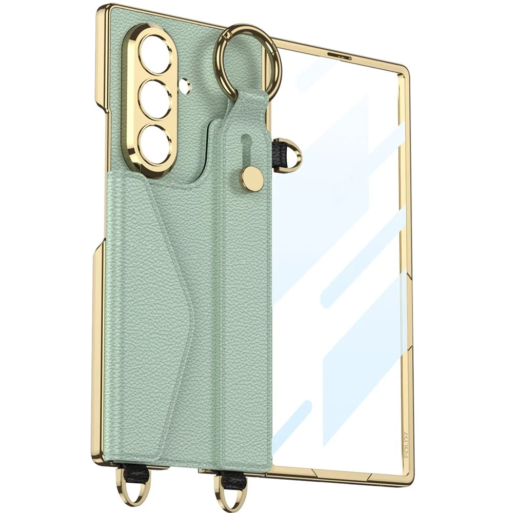 GKK For Samsung Galaxy Z Fold7 5G Case with PU Strap Kickstand / Metal Chain / Screen Film Electroplated PC Phone Cover  - Matcha Green - 4