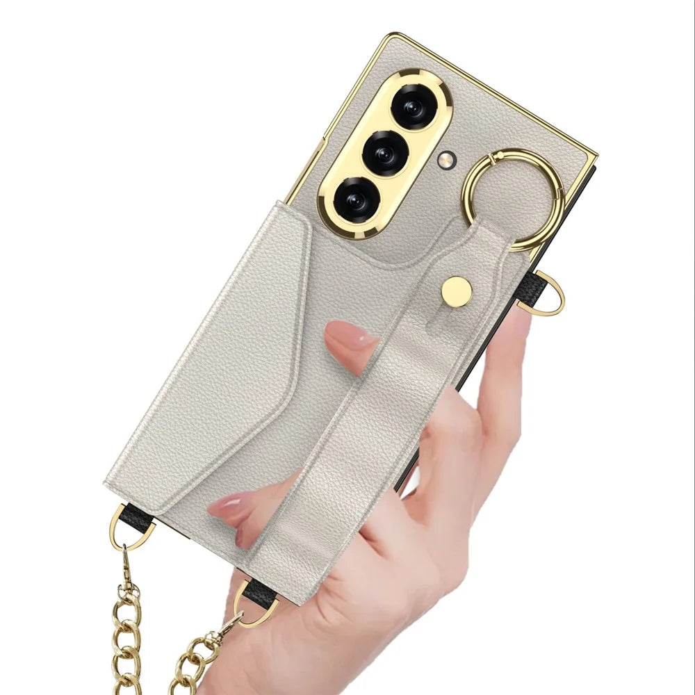 GKK For Samsung Galaxy Z Fold7 5G Case with PU Strap Kickstand / Metal Chain / Screen Film Electroplated PC Phone Cover  - Matcha Green - 5