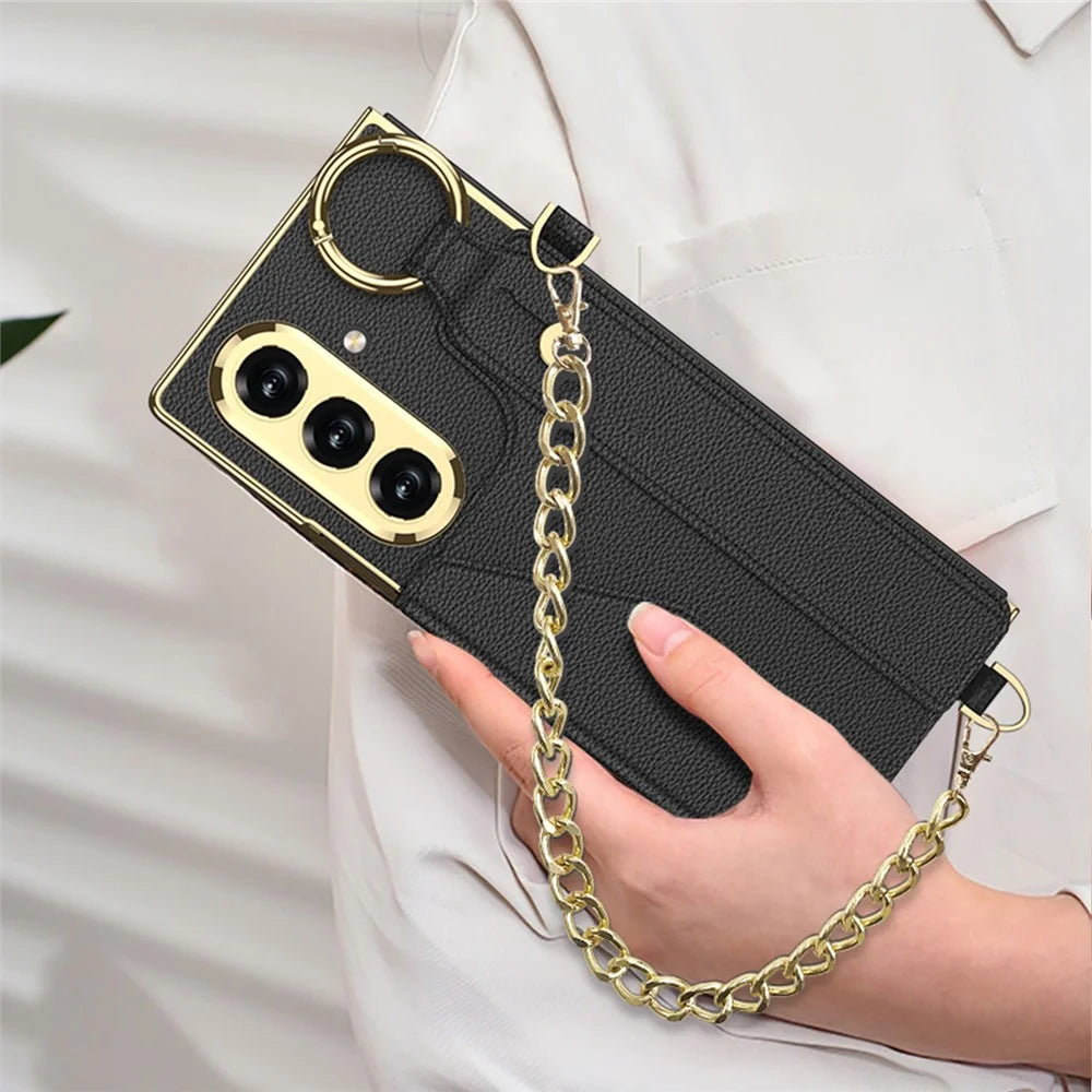 GKK For Samsung Galaxy Z Fold7 5G Case with PU Strap Kickstand / Metal Chain / Screen Film Electroplated PC Phone Cover  - Matcha Green - 6