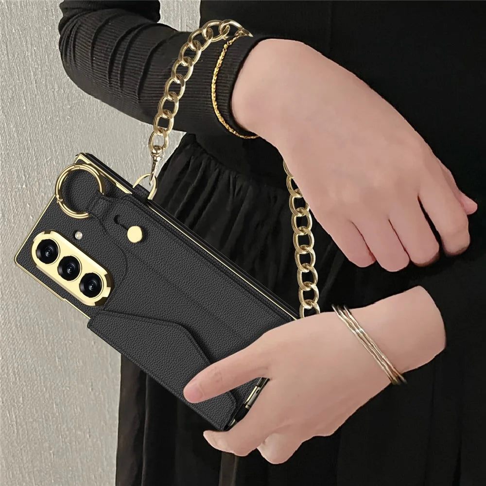 GKK For Samsung Galaxy Z Fold7 5G Case with PU Strap Kickstand / Metal Chain / Screen Film Electroplated PC Phone Cover  - Matcha Green - 7