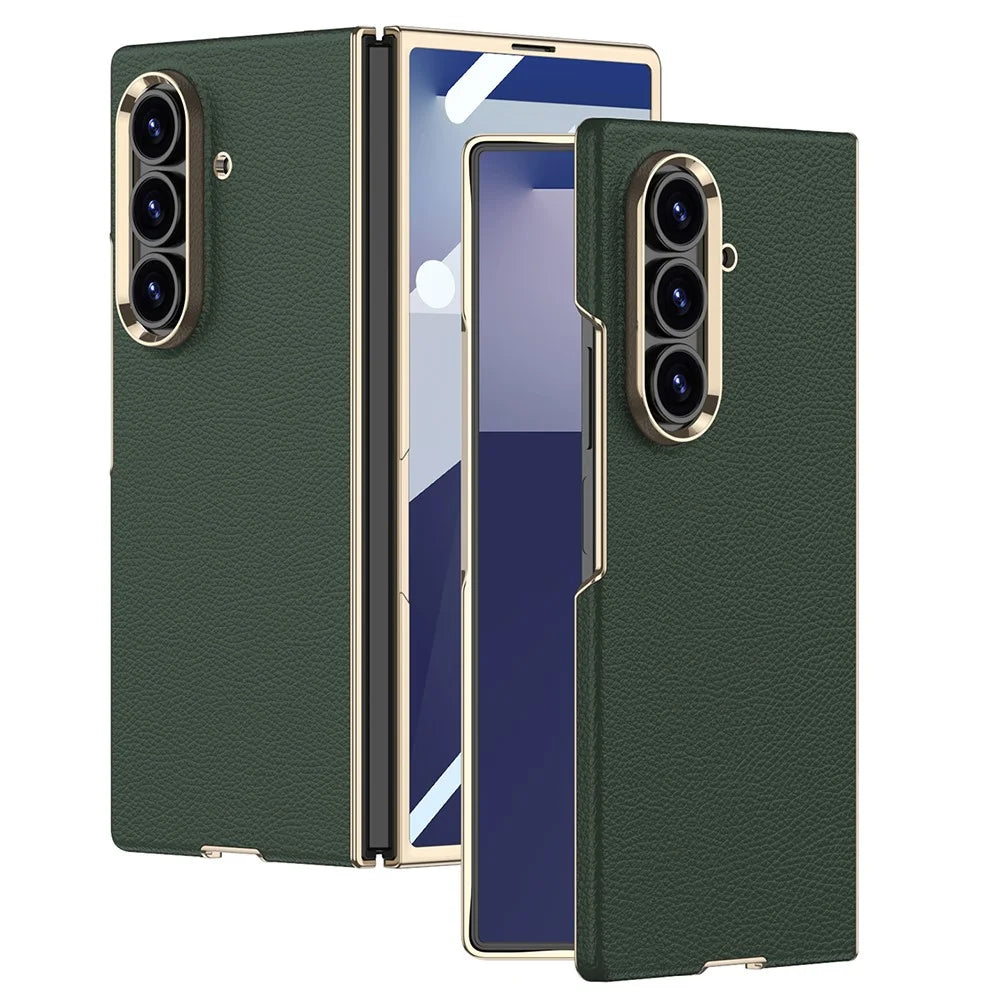 GKK For Samsung Galaxy Z Fold7 5G Case Electroplated PC + PU Phone Cover with Tempered Glass Front Film - Midnight Green - 1