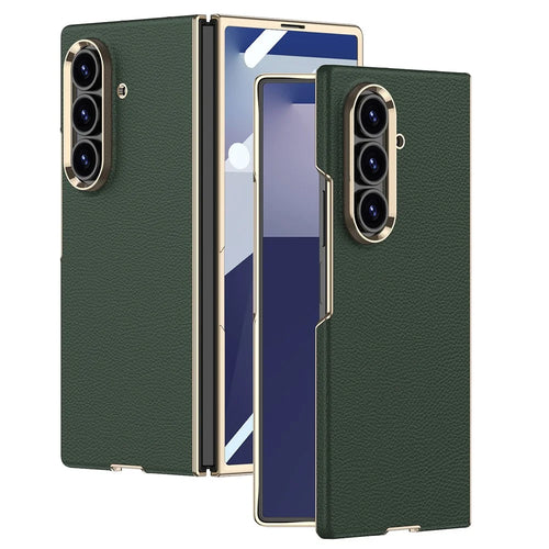 GKK For Samsung Galaxy Z Fold7 5G Case Electroplated PC + PU Phone Cover with Tempered Glass Front Film - Midnight Green - 1