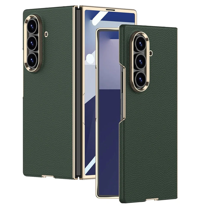 GKK For Samsung Galaxy Z Fold7 5G Case Electroplated PC + PU Phone Cover with Tempered Glass Front Film - Midnight Green - 1