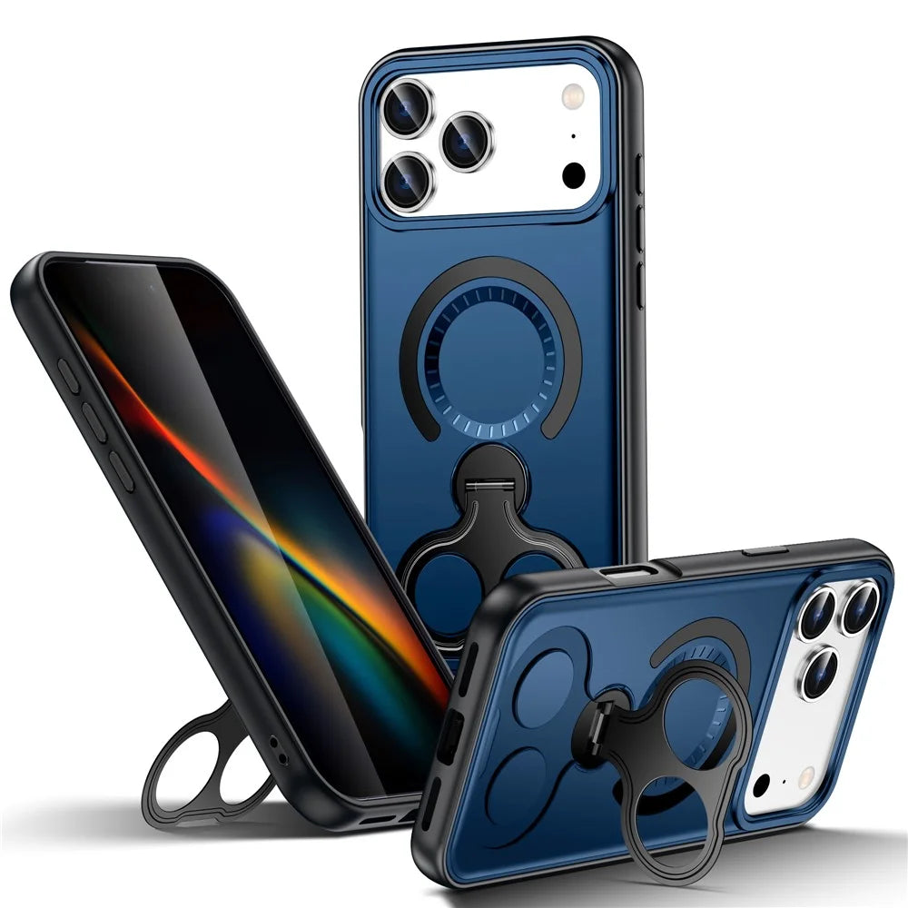 For iPhone 17 Pro Magnetic Case TPU + PC Shockproof Phone Cover with Dual Hole Kickstand - Blue - 1