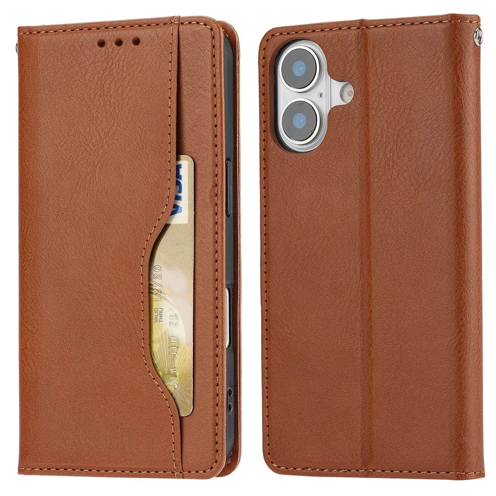 For iPhone 17 Cell Phone Case Magnetic Closing PU Leather Stand Cover - Light Brown - 1