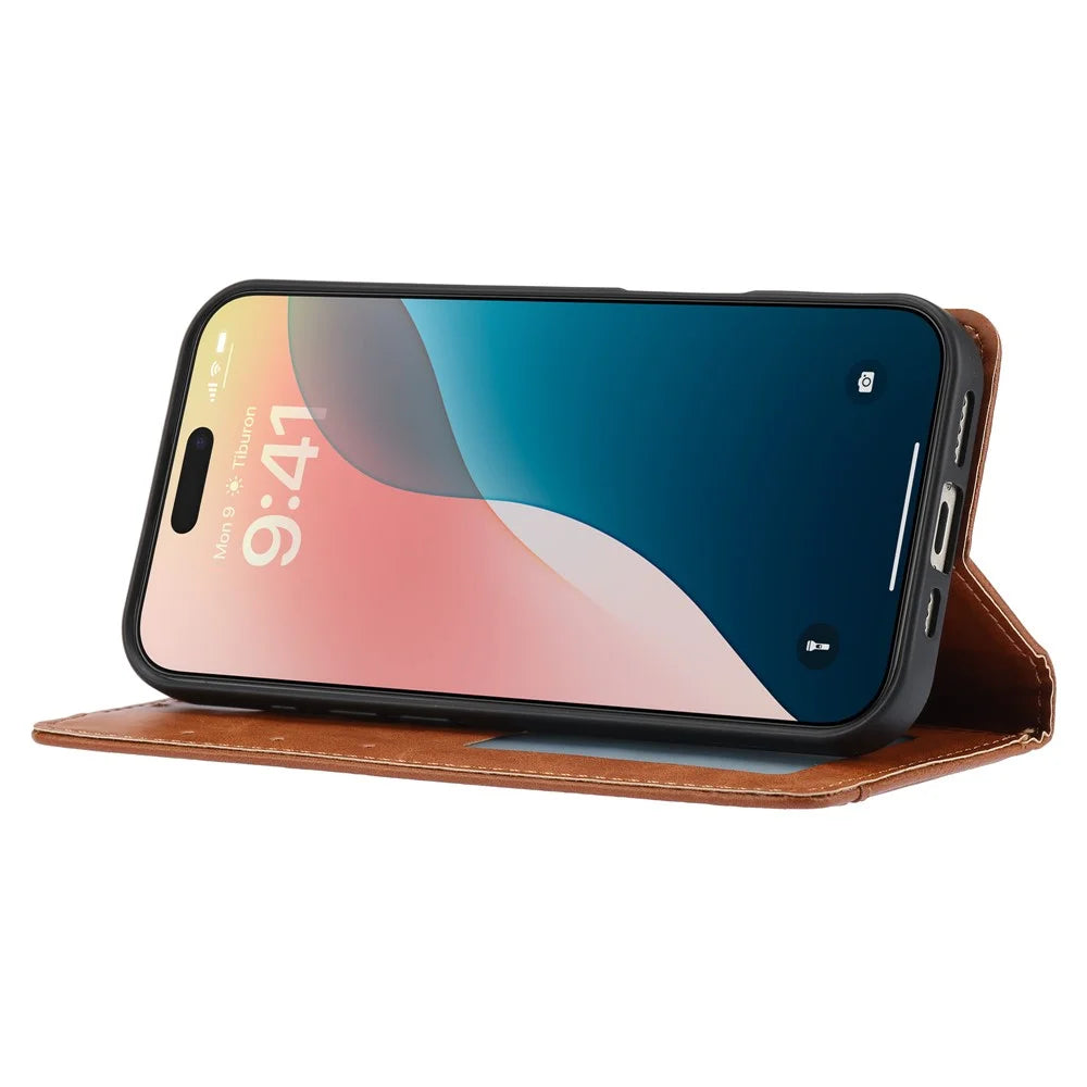 For iPhone 18 Pro / 17 Pro Cell Phone Case Magnetic Closing PU Leather Stand Cover - Light Brown - 3