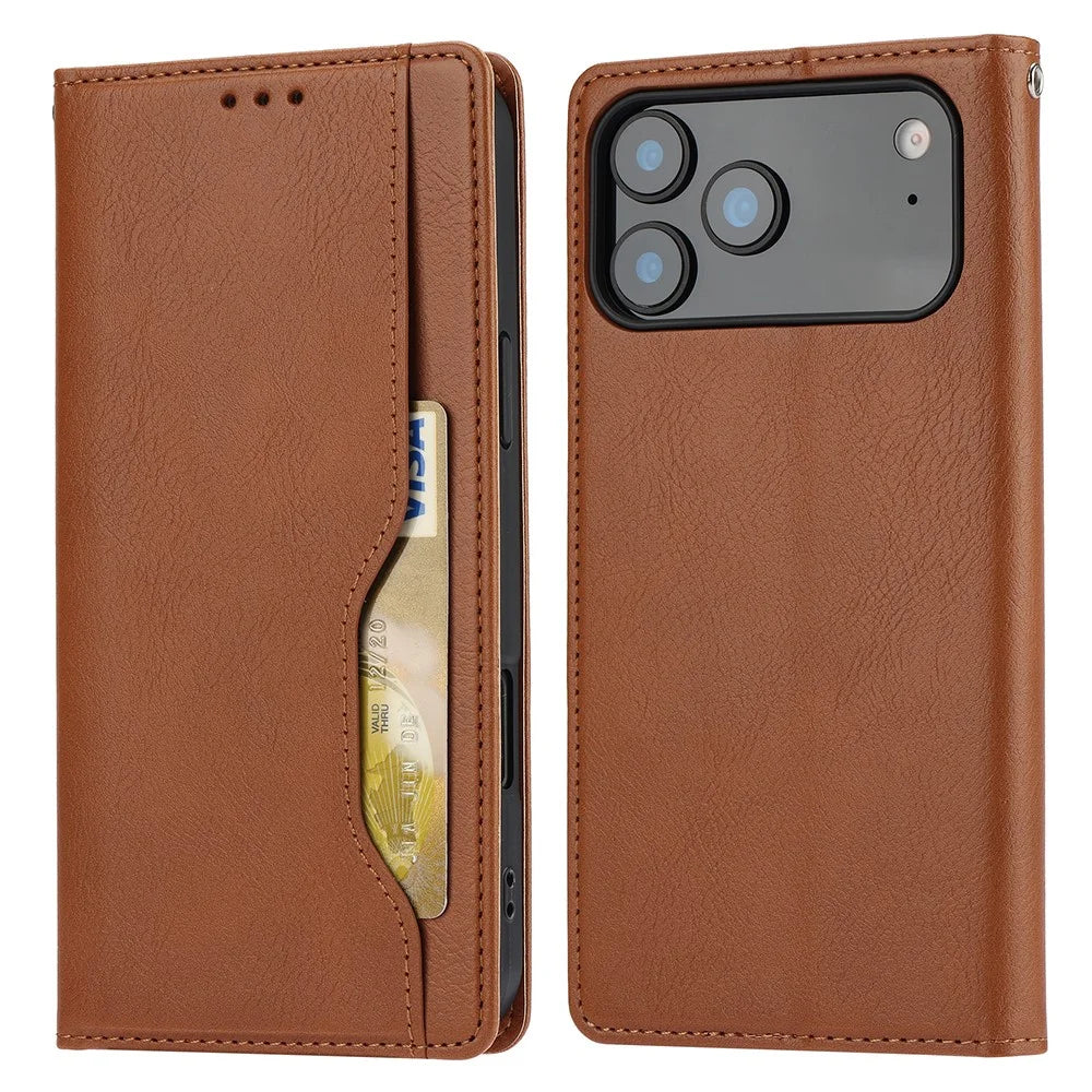 For iPhone 18 Pro Max / 17 Pro Max Cell Phone Case Magnetic Closing PU Leather Stand Cover - Light Brown - 1